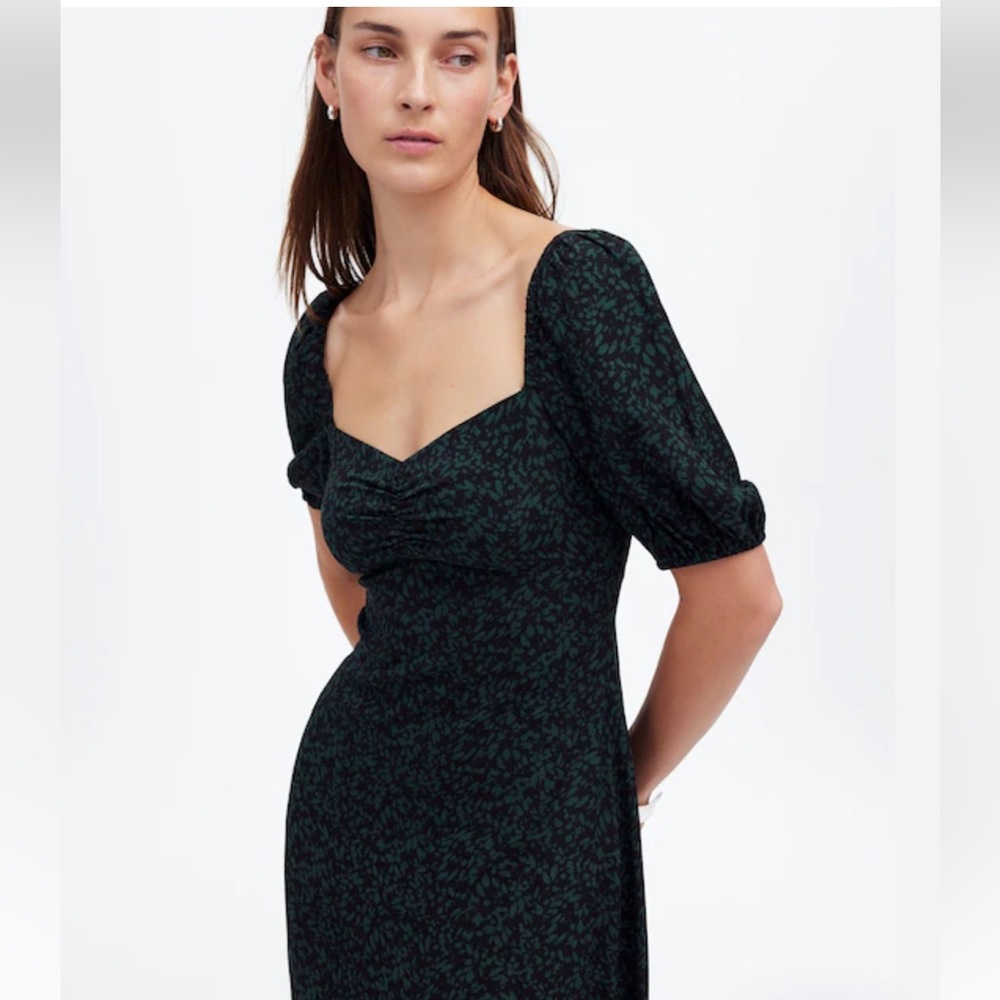 Madewell Puff-Sleeve Sweetheart Midi Dress - Size 4 Green Print NWOT